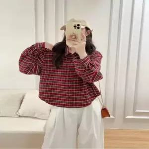 여성 캐주얼 체크 셔츠 칼라 빅 포켓 슬림핏 카디건 상의 DUCHI3