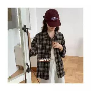 여성 체크 셔츠 가을 카디건 상의 빈티지 긴팔 DUCHI3