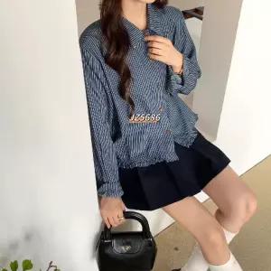 여성용 가을 긴팔 톱 스트라이프 칼라 셔츠 DUCHI3