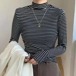 줄무늬 반폴라 티셔츠 기모 스판 여성 목티 터틀넥