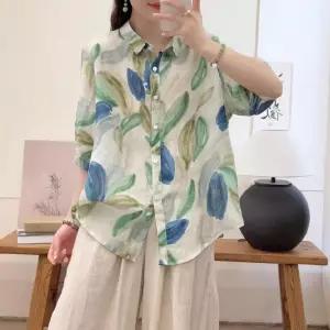 EAMT 여성 봄 빈티지 슬림핏 셔츠 카디건 디지털 모시 프린트 YJ1