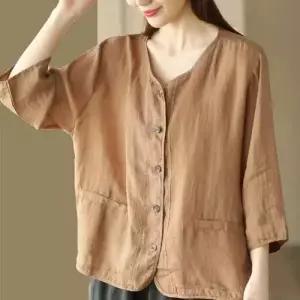 천진반여친 빈티지 데일리룩 간절기 가디건 루즈핏 앤티크 쌍지 모시 칠부소매 셔츠 얇은 솔리드 상의 KUK5