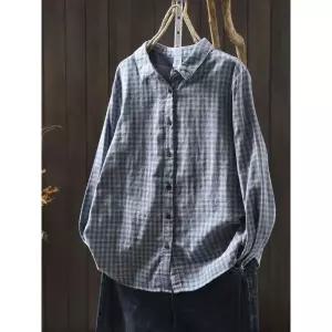 율랑팡 여성 체크셔츠 가을 체크 셔츠 상의 면사 빈티지 캐주얼 긴팔 HO3