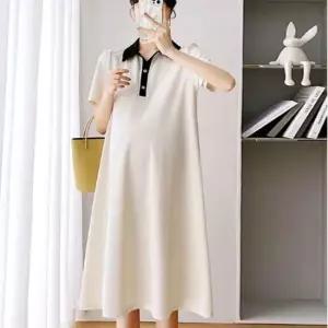 배색 여름원피스 미디 임산부 반팔 무릎 카라 원피스