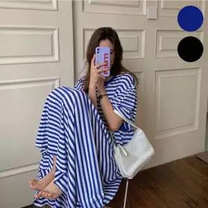 스트라이프 반팔 롱 단가라 바캉스룩 원피스 여름