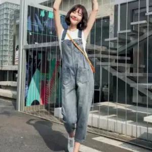 팬츠 여성 캐주얼 데님 9부 롤업 연청 멜빵 바지 청바지