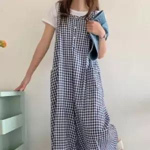 [SBD] 점프슈트 여자 와이드 체크 면마 멜빵바지