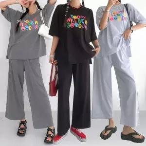 여성 99까지 20수 면 반팔 티셔츠 와이드팬츠 츄리닝 세트 트레이닝 투피스 셋업 -WPST0088- 봄 여름