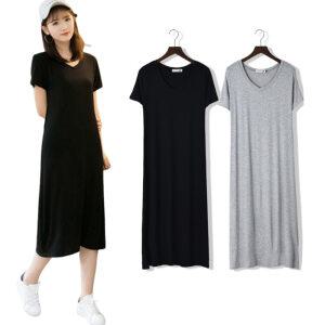 브이넥 원피스 봄 여름 빅사이즈 부드러운 면 반팔 롱 원피스 여름 2color