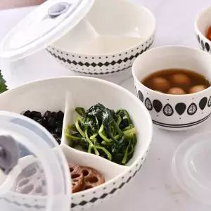 1+1 도자기 밀폐 원형 3칸 나눔 반찬 접시 반찬통(대) 냉장고 정리 전자렌지 용기 세트