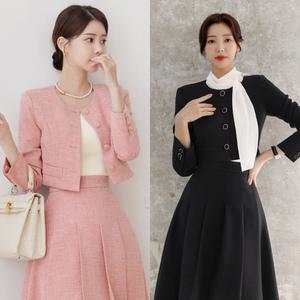 [시크라인] 크레도 라운드넥 크롭 트위드 셋업 자켓 빅사이즈/오피스룩/하객룩/빅사이즈여성정장세트