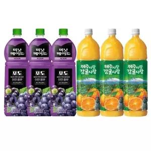 한번에먹자 과즙음료 2종 혼합세트 / 미닛메이드 포도 1.5L 3개 + 롯데 제주감귤 1.5L 3개 / 총 6개