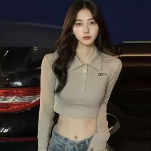 ONM 카라 단추 긴팔 크롭 탑 티셔츠 바디라인 강조