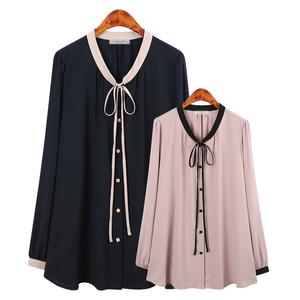 허밍퍼플 여성용 4506-몬티 꽃단추 BL 긴팔 블라우스 리본 끈 배색 날씬한 결혼식 빅사이즈 여성의류