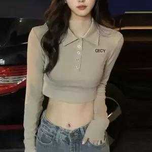 ONM 캐주얼 무드 여자 카라넥 골지 긴팔 크롭티
