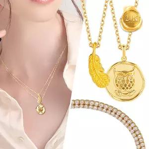 [골드피아] 24K 순금 행운 깃털 세트 (24K 펜던트 + 브라스체인 목걸이 + 행운의부엉이목걸이 + 두줄테니스팔찌)
