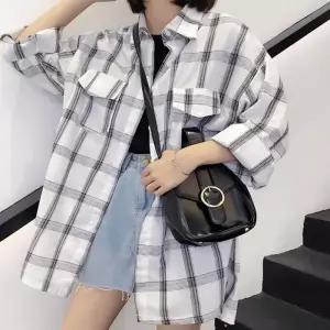 ONM 루즈핏 셔츠 롱 여성 체크무늬 캐주얼 기장 남방