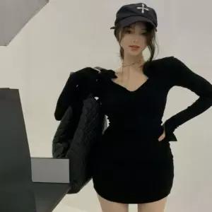 ONM 여성 V넥 원피스 날씬해보이는 글램 초미니 긴팔