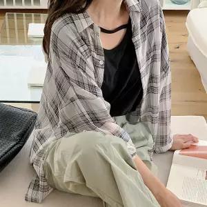 [공구우먼 브랜드데이] 가볍고 시원한 리얼루즈핏 시스루 체크 셔츠 81757 빅사이즈 여성의류