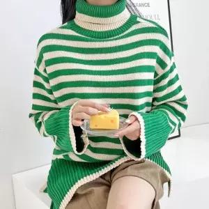 ONM 가로 줄무늬 여성 목폴라티 초록색 목티 루즈핏 폴라