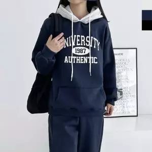 ONM 여자 오버핏 레터링 기모 배색 후드티 깔끔한 데일리