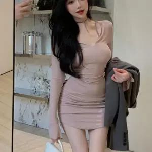 ONM 20대 30대 여자 슬림 허리 라인 긴팔 미니 원피스