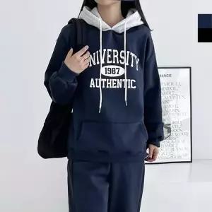 ONM 여자 겨울 오버핏 레터링 기모 배색 후드티