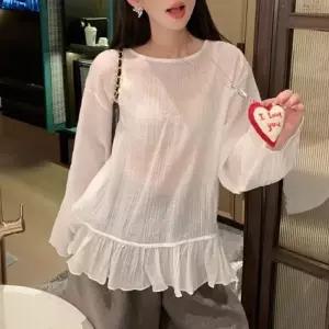 ONM 여성 은은한 비침 루즈핏 프릴 시스루 블라우스 2컬러