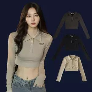 ONM 여성 티셔츠 배꼽티 숏티셔츠 카라 긴팔탑티 소개팅