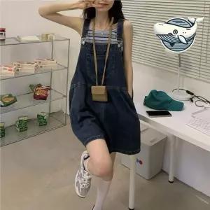 ONM 여자 데님 멜빵 스타일 편안한 포켓 바지