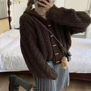 ONM 2컬러 후드 가디건 꽈배기 단추 떡뽁이