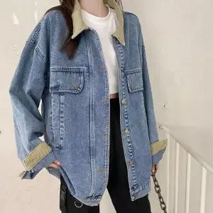 ONM 여자 캐주얼 루즈핏 배색 카라 연청 데님 청자켓