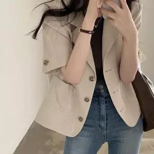 ONM 베이지 크롭 베이직 검정 여름 마 여성 짧