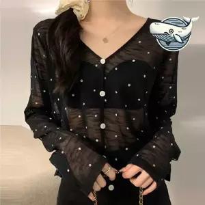 ONM 여름 시스루 도트 니트 가디건 내추럴 휴양지