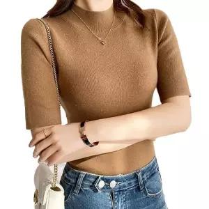 ONM 여성 슬림 반목 반팔티 골지 니트티 5부 티셔츠