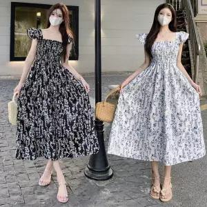 ONM 여성 러블리 프릴 스모크밴딩 플라워 스퀘어넥 원피스