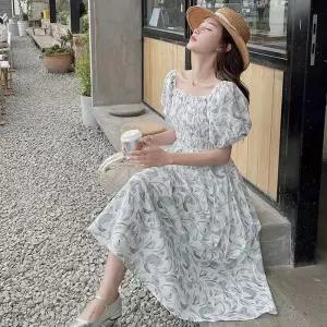 ONM 여자 30대 40대 스모크 밴딩 플라워 퍼프 소매 원피스