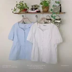 핫핑 [러블리/체형커버] 엘리듀 하트넥 코튼 레이스 퍼프 반팔블라우스