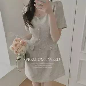 핫핑 [하객룩] 로스카 스퀘어넥 비죠 트위드 반팔 미니원피스