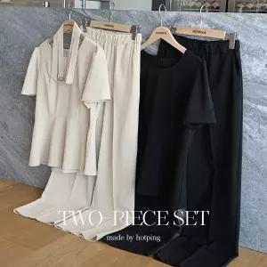 핫핑 [투피스/하객룩] 블론즈 라운드넥 페플럼 블라우스+밴딩 세미와이드슬랙스set (벨트세트)