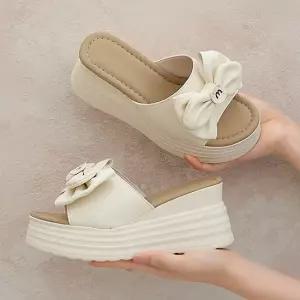 러블리 왕리본 스트랩 가벼운 키높이 통굽 슬리퍼 7cm