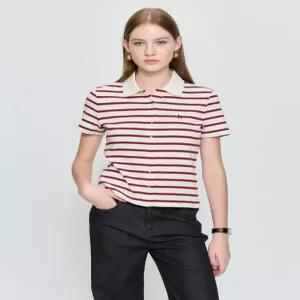 헤지스 여성 25FW 코튼 저지 스트라이프 반팔 카라 가디건 아이보리 HSTS5C702IV