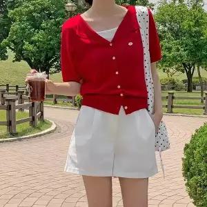 핫핑 [여름니트] 웰리 오픈카라 브이넥 반팔 가디건