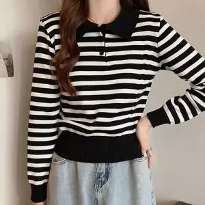 Rly 여자 배색 카라 단가라 긴팔 니트티 데일리룩