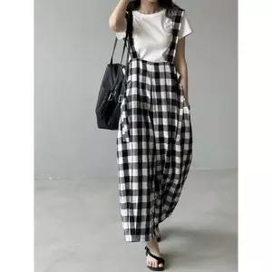 [루즈핏/멜빵] 체크패턴 여름 점프수트