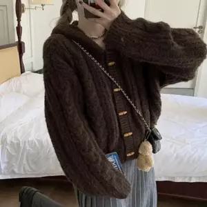 [라일리여성의류] Rly 2컬러 떡뽁이 가디건 단추 후드 꽈배기