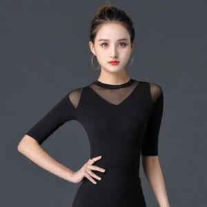 망사댄스복 상의 라틴 사교 댄스복 반팔 탑 밸리댄스 라인