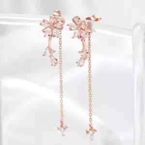 14K 골드필드 핀 큐빅 플라워 롱 드롭 일자침 귀걸이