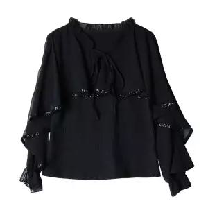 쉬폰 프릴 나팔소매 블라우스 라인댄스 시스루 긴팔 상의