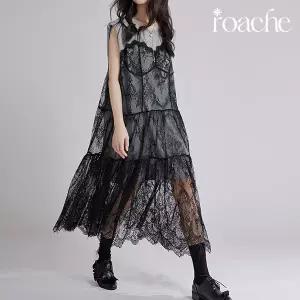로아체 레이스 블랙 시스루 나시 민소매 레이어드 원피스 치마 벨트 세트 여름 그레이브